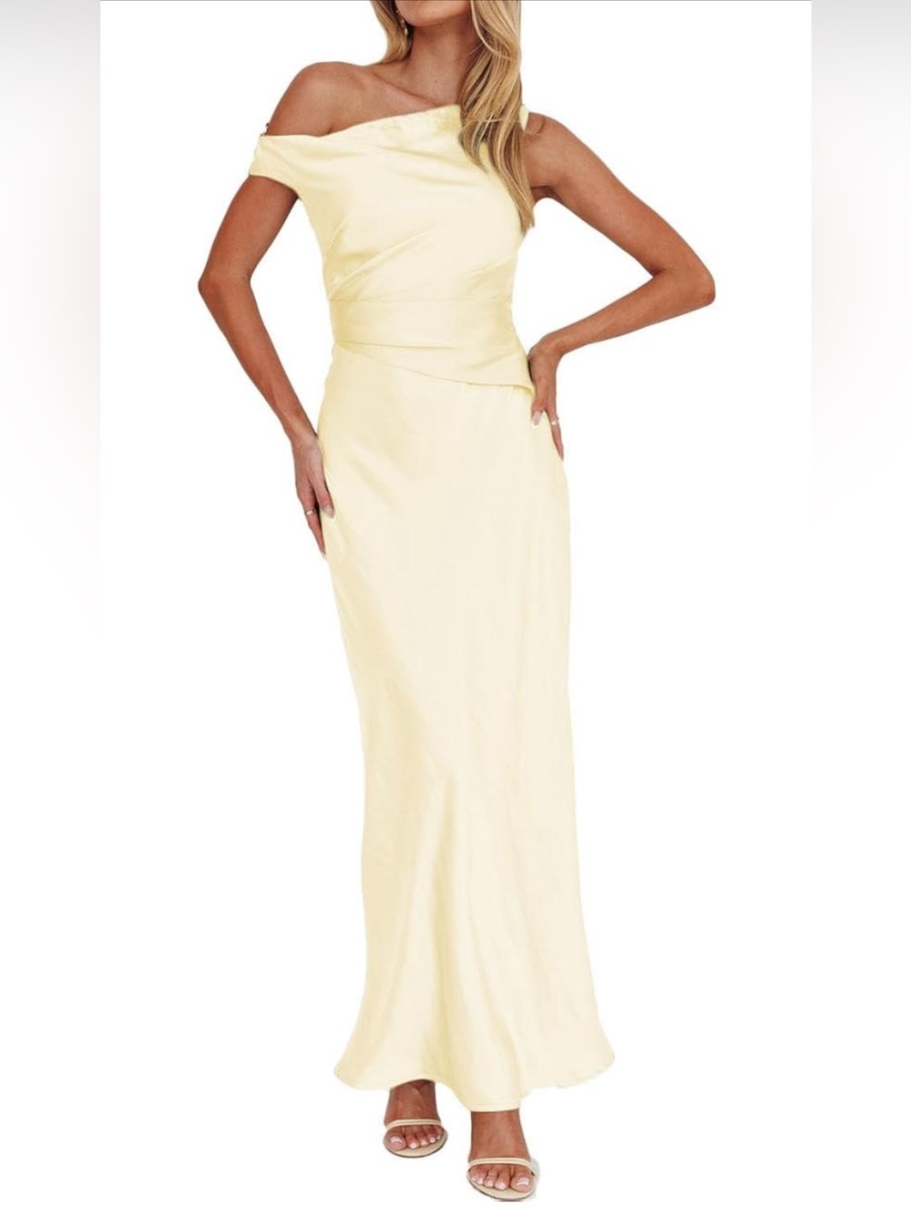 Elegant One-Shoulder pastel yellow Evening Gown
